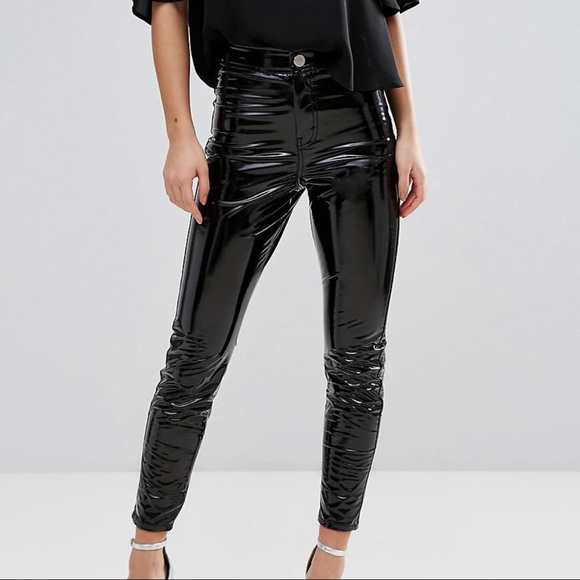 high waisted black vinyl pants